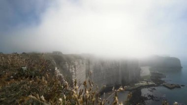 Hareketli sis ve yeşil çayır kayalıkları, zaman atlaması etkisi. Başla. Dağın dik yamacında uçan kuşlar bir yaz günü yeşil otlarla kaplı..