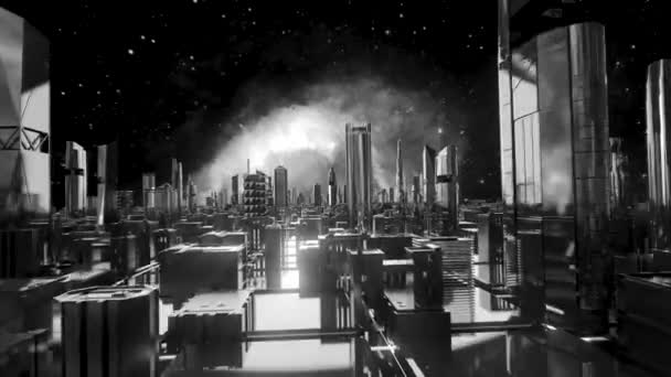 Futuristische monochrome Landschaft, Bewegung im virtuellen Raum und der Hintergrund eines explodierenden Sterns und einer Stadt. Aktienanimation. Fliegen über der abstrakt schönen Stadt, Straßen und Gebäude gegen — Stockvideo