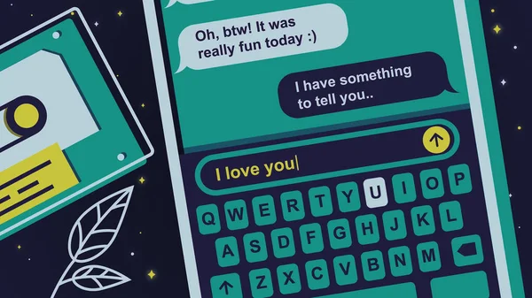 Close up of an abstract smartphone screen and chatting process, typing message I love you. Stock animation. Concept of hesitation, love, and exit from friend zone concept.