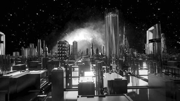 Futurisztikus monokróm táj, mozgás a virtuális térben, egy felrobbanó csillag és egy város háttere. Készletanimáció. Repül az elvont gyönyörű város, utcák és épületek ellen — Stock Fotó