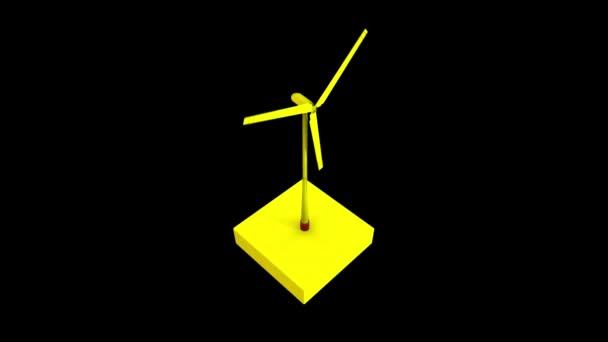 Icono abstracto del molino de viento amarillo con cuchillas giratorias aisladas sobre fondo negro, lazo transparente, monocromo. Animación. Recursos naturales y concepto de energía verde . — Vídeo de stock