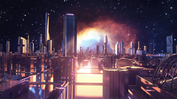 Futuristic landscape, motion in virtual space and the background of an exploding star and a city. Stock animation. Flying above the abstract beautiful city, streets and buildings against the galaxy.