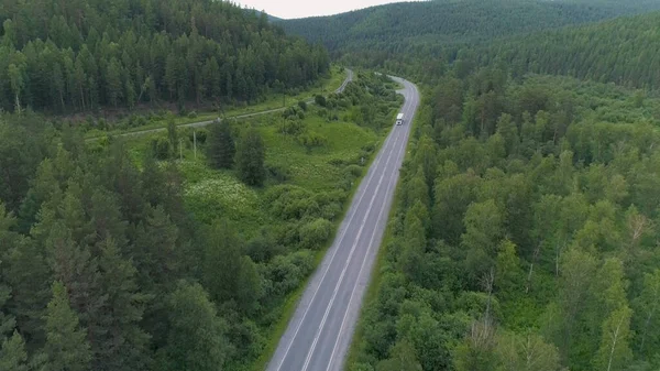 Ciężarówka jedzie wzdłuż autostrady na tle lasu w lecie. Scena. Transportowiec dalekobieżny. Ciężarówka przechodzi przez piękne miejsca z zielonymi lasami — Zdjęcie stockowe