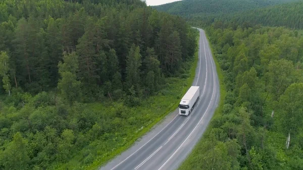 夏天,卡车在森林的背景下沿着公路行驶.场景。5.远距离货物运输。卡车穿行在绿林秀丽的地方 — 图库照片