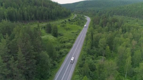 Camión conduce a lo largo de la carretera en el fondo del bosque en verano. Escena. Transporte de carga a larga distancia. Camión pasa por lugares hermosos con bosques verdes — Vídeos de Stock