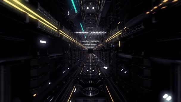 Flying through the digital futuristic dark tunnel, seamless loop. Animation. View inside of a technological space tunnel or spaceship corridor. — Stock Video