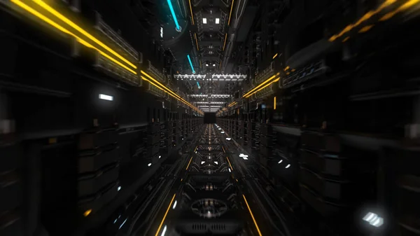 デジタル未来の暗いトンネルを飛んで、シームレスなループ。アニメーション。技術的な宇宙トンネルや宇宙船の廊下の中を見る. — ストック写真