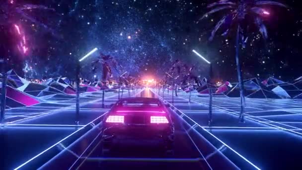 Paisagem abstrata da cidade neon futurista e da estrada com carro em movimento. Animação. Cyberpunk tema, belo carro retro dirigindo ao longo de pirâmides, loop sem costura . — Vídeo de Stock