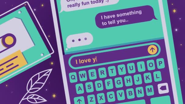 Tela do telefone com conversas em redes sociais. Animação de stock. Conversa animada por telefone em redes sociais com declaração de amor — Vídeo de Stock