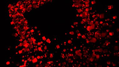 Siyah arkaplanda uçan küçük küplerin oluşturduğu soyut dikdörtgen çerçeve. Animasyon. Kare şeklinde küçük geometrik şekiller dağılır ve tüm kenarlara doğru hareket eder..