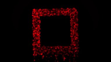 Siyah arkaplanda uçan küçük küplerin oluşturduğu soyut dikdörtgen çerçeve. Animasyon. Kare şeklinde küçük geometrik şekiller dağılır ve tüm kenarlara doğru hareket eder..