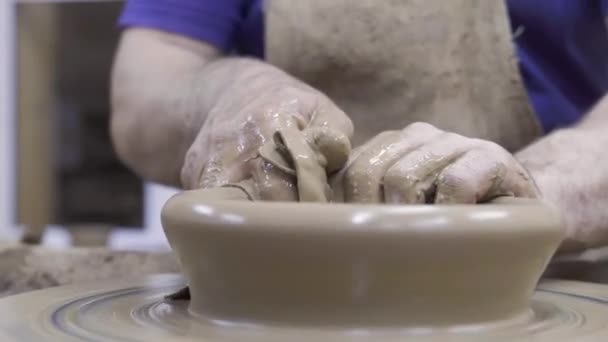 Close-up of professional Potter creating pitcher of clay. Stock footage. Masterful work of Potter with clay in process of creating jar in workshop — Stock Video