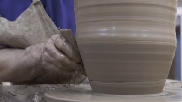 Gros plan de potier professionnel créant pichet d'argile. Images d'archives. Travail magistral de Potter avec de l'argile en cours de création pot en atelier — Video