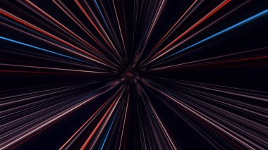Soyut renkli parlayan lazerler siyah arka planda hız tüneli oluşturuyorlar, kusursuz döngü. Animasyon. Hareketli arkaplan, ışık hızı, hareketli neon ışınlar.