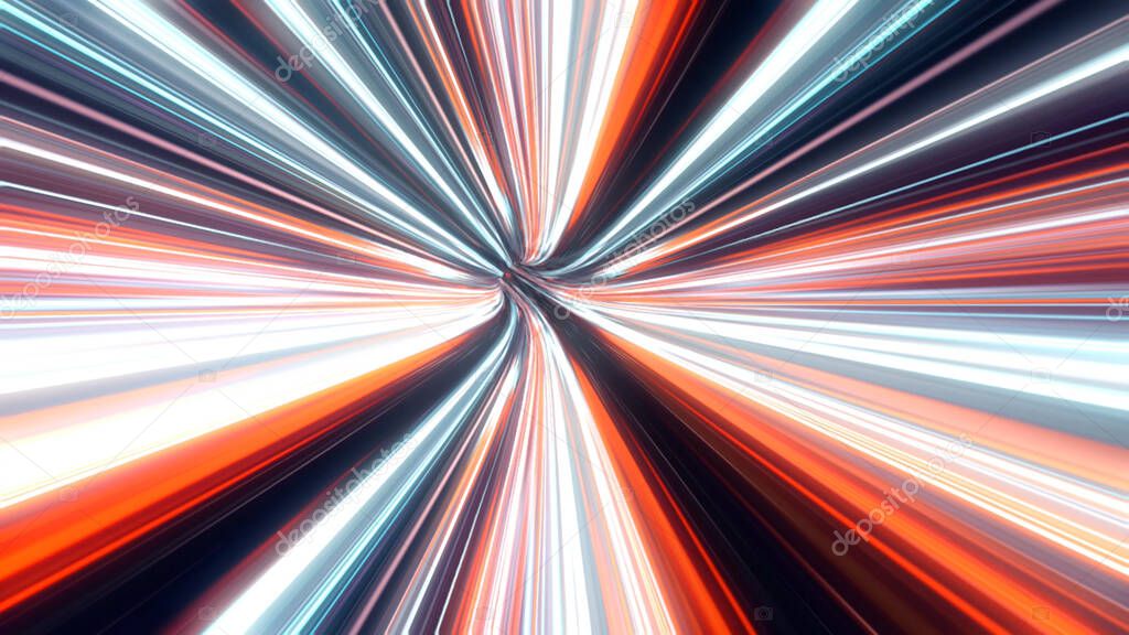 Abstract colorful glowing lasers forming speed tunnel on black background, seamless loop. Animation. Motion graphic backdrop, Speed of light, neon glowing rays in motion.