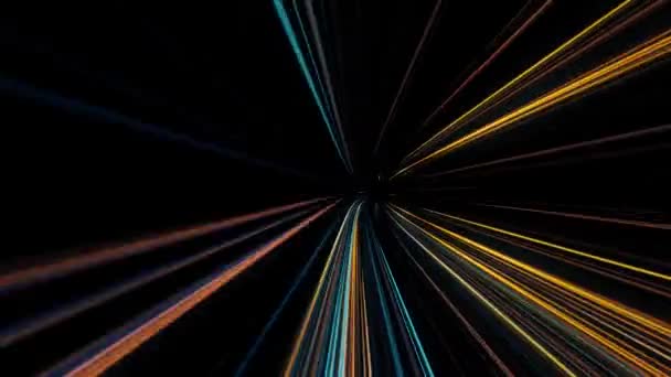Абстрактные красочные светящиеся лазеры, образующие скоростной туннель на черном фоне, бесшовный цикл. Анимация. Скорость света, неоновые перчатки в движении . — стоковое видео