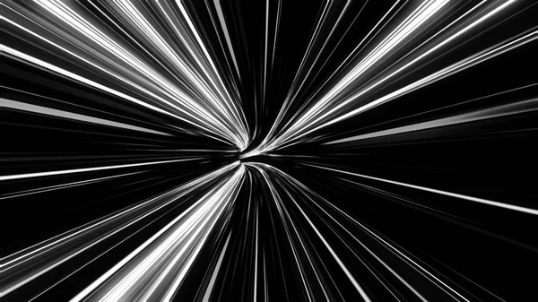 Wormhole proprio nel tempo e nello spazio, volando veloce attraverso tunnel di velocità su sfondo nero, loop senza soluzione di continuità. Animazione. Astratto creativo cosmico sfondo monocromatico . — Foto Stock