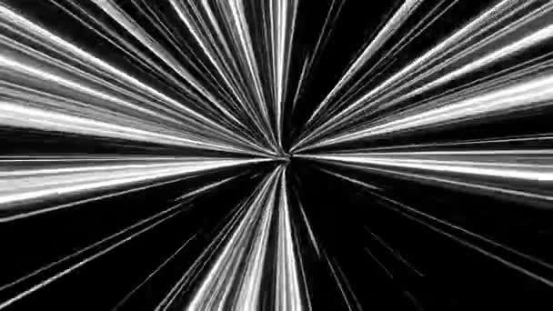 Trou de ver droit dans le temps et l'espace, volant rapidement à travers le tunnel de vitesse sur fond noir, boucle transparente. Animation. Résumé créatif fond cosmique monochrome . — Video