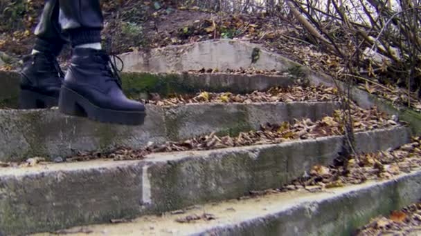 Botas femeninas bajando las escaleras en un frío día de otoño en el parque de la ciudad. Imágenes de archivo. Primer plano de zapatos de cuero negro que bajan las escaleras de granito con hojas marchitas de otoño . — Vídeo de stock