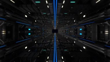 Yüksek teknoloji tünelinde ilerliyoruz. Animasyon. Black Metal detayları ve neon çizgileri olan gelecekten gelen bir tünel. Neon çizgileri ile gelecek biçiminde tünel