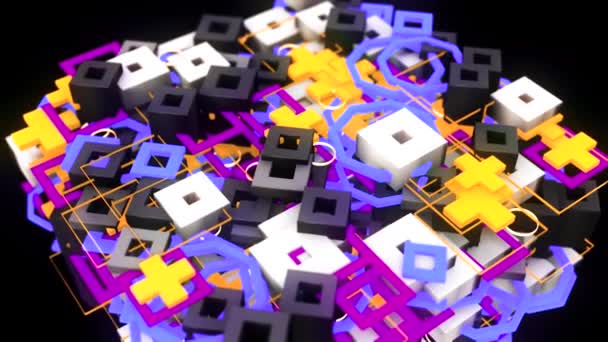 Colorful construction figures with squares. Animation. Structure of various toy squares and pluses moves on black background. Colorful childrens designer made of geometric details — Stock Video