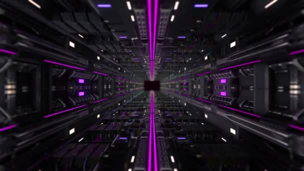 Pohybuje se v high-tech tunelu. Animace. Futuristický tunel s černými kovovými detaily a neonovými liniemi. Tunel ve stylu budoucnosti s neonovými liniemi — Stock video