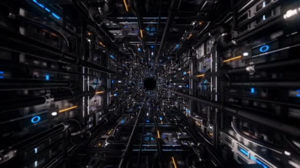 Moving through tunnel with pipes. Animation. Dive into dark futuristic tunnel with lots of pipes and neon details. 3D tunnel details with black pipes — Stock Video