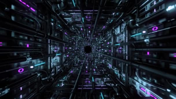 Moving through tunnel with pipes. Animation. Dive into dark futuristic tunnel with lots of pipes and neon details. 3D tunnel details with black pipes — Stock Video