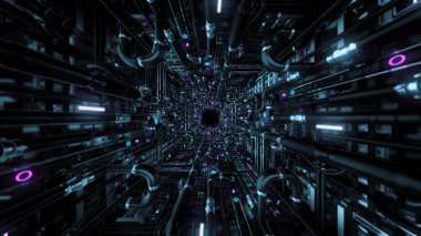 Borularla tünelden geçiyor. Animasyon. Bir sürü boru ve neon detayla karanlık gelecekçi tünele dalın. Siyah borularla 3B tünel detayları