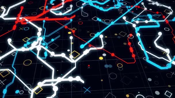 Trójwymiarowa mapa miasta. Animacja. Animowany diagram 3D miasta w budowie składający się z linii neonowych na ciemnym tle. Warunkowe symbole neonów na schemacie miasta — Wideo stockowe