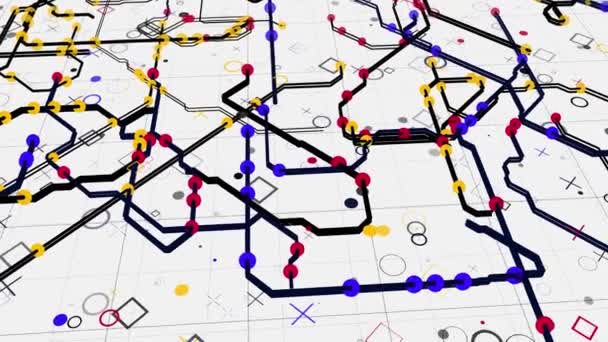 Color digital map of urban routes. Animation. Beautiful modern city map with colored roads and points on white background. Moving lines of urban traffic with signs on map — Stock Video