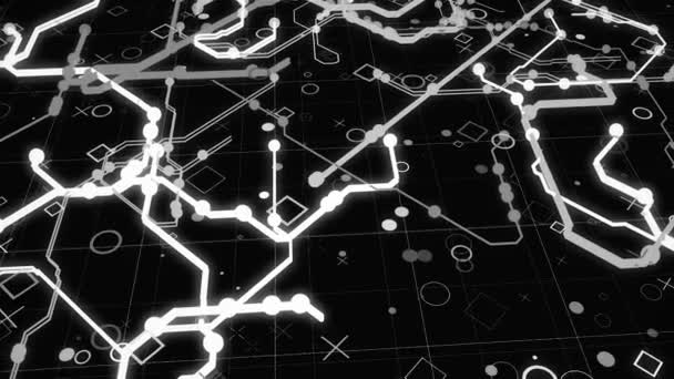 3D hareketli şehir haritası. Animasyon. Şehrin karanlık arka planda neon çizgilerden oluşan animasyon 3D diyagramı. Şehrin diyagramında koşullu neon sembolleri — Stok video