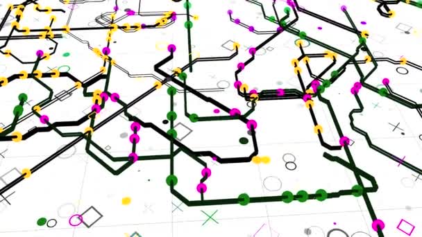 Έγχρωμος ψηφιακός χάρτης αστικών διαδρομών. Κινούμενα σχέδια. Όμορφη σύγχρονη πόλη χάρτη με χρωματιστούς δρόμους και σημεία σε λευκό φόντο. Κινητές γραμμές αστικής κυκλοφορίας με πινακίδες στο χάρτη — Αρχείο Βίντεο