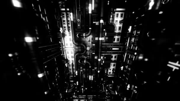 Abstract industriële achtergrond met zwarte gebogen buizen en witte lampen, naadloze lus. Animatie. Langzaam langs de verschillende delen van een machine bewegen. — Stockvideo