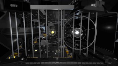 Arkalarında dönen mekanizma olan teknik flapları kapatın, uzay gemisinin içini görün. Animasyon. Soyut tek renkli arkaplan, bilim kurgu, teknoloji, ulaşım veya bilim konsepti.