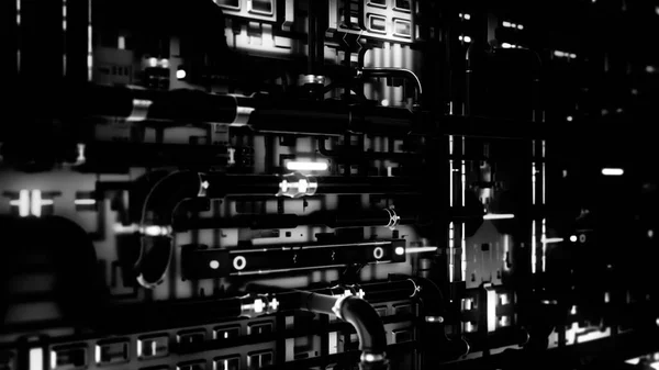 Абстрактный индустриальный фон с черными изогнутыми трубами и белыми светящимися лентами, безморская лапка. Анимация. Медленно перемещаясь по различным частям машины . — стоковое фото