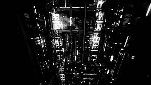 Absztrakt ipari háttér fekete hajlított csövek és fehér lámpák, zökkenőmentes hurok. Animáció. Lassan mozog a gép különböző részein. — Stock Fotó