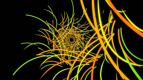 Vuelo abstracto de líneas de colores sobre un fondo negro que rotan y forman un túnel. Animación. Hermosa abstracción de líneas verdes y amarillas brillantes que se mueven en una trayectoria circular, bucle sin costuras . — Foto de Stock