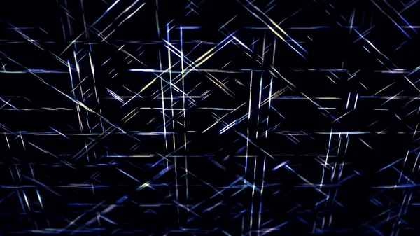 Geometriskt mönster med korta neonlinjer som rör sig snabbt en efter en i diagonal riktning. Animering. Smala ränder korsning och flyter på svart bakgrund, sömlös loop. — Stockfoto