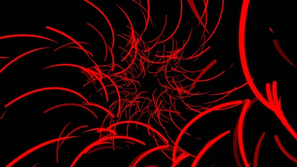 Vuelo abstracto de líneas de colores sobre un fondo negro que rotan y forman un túnel. Animación. Hermosa abstracción de líneas rojas brillantes que se mueven en una trayectoria circular, bucle sin costuras . —  Fotos de Stock