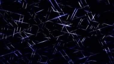Kısa neon çizgileri olan geometrik desen çapraz yönde birer birer hareket ediyor. Animasyon. Siyah zemin üzerinde dar çizgiler kesişiyor ve akıyor, pürüzsüz döngü.