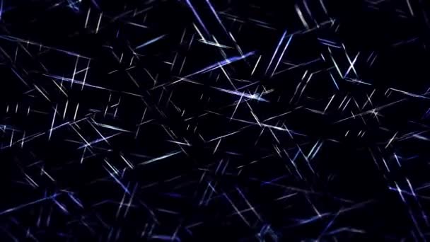 Geometrikus minta rövid neonvonalakkal, amelyek egyenként, átlósan mozognak. Animáció. Keskeny sávok átkelés és áramló fekete háttér, zökkenőmentes hurok. — Stock videók