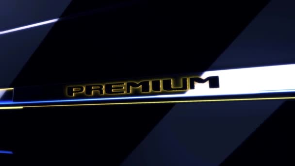 Λέξη premium τυπωμένο σε μεταλλική πινακίδα που ρέει σε μαύρο φόντο με μπλε ρίγες φωτός. Κινούμενα σχέδια. 3D premium επιγραφή με φωτοβολίδες. — Αρχείο Βίντεο