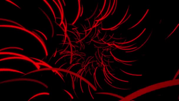 Vuelo abstracto de líneas de colores sobre un fondo negro que rotan y forman un túnel. Animación. Hermosa abstracción de líneas rojas brillantes que se mueven en una trayectoria circular, bucle sin costuras . — Vídeos de Stock