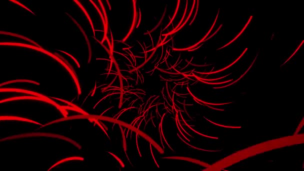 Volo astratto di linee colorate su fondo nero che ruotano e formano un tunnel. Animazione. Bella astrazione di linee rosse incandescenti che si muovono su una traiettoria circolare, loop senza soluzione di continuità . — Video Stock