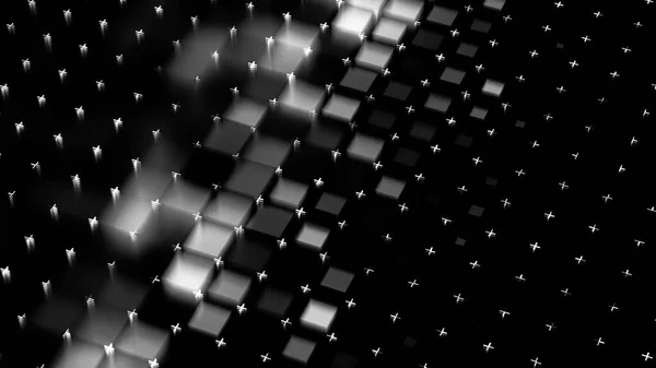 Many blurred white squares appear in many rows on black background. Animation. Abstract monochrome glowing defocused squares with white small crosses between them. — Stock Photo, Image