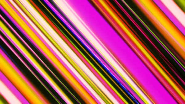 Molti raggi luminosi al neon diagonali lampeggiano e cambiano colore su sfondo nero, loop senza soluzione di continuità. Animazione. Travi parallele astratte rosse, rosa, gialle e verdi che si muovono velocemente . — Foto Stock