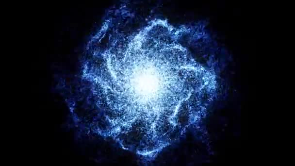 Girando galaxia brillante sobre fondo negro. concepto de exploración del espacio profundo. Animación. Campo estelar abstracto de color azul girando en el cosmos oscuro . — Vídeo de stock