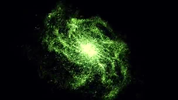 Fondo de movimiento abstracto de partículas verdes brillantes o estrellas bajo superficie líquida, lazo sin costura. Animación. Espacio mágico polvo y luz formando círculo o esfera con el centro de energía . — Vídeos de Stock