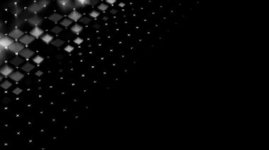 Birçok bulanık beyaz kareler siyah arkaplanda birçok sırada görünür. Animasyon. Soyut monokrom parlayan odağını kaybetmiş kareler arasında beyaz küçük haçlar var..